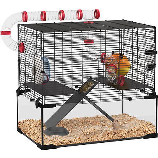 Pawhut gerbil hamster cage w/ tubes, ramps platforms hut - black and transparent