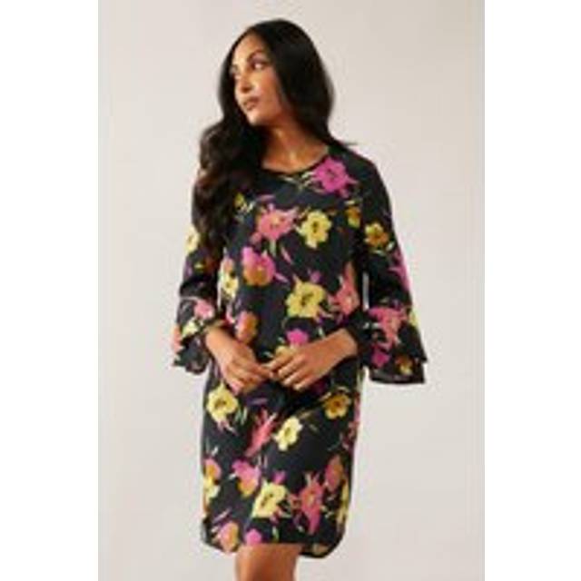 Womens Black Floral Flute Sleeve Shift Dress - 12
