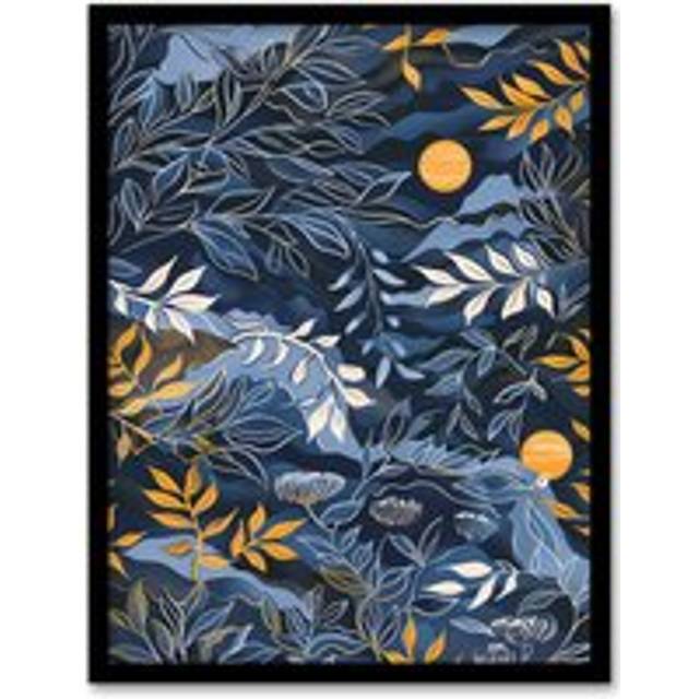 Abstract Leaves Suns Painting Blue Ochre Night Sky Framed Art Print - W12 inch x H16 inch