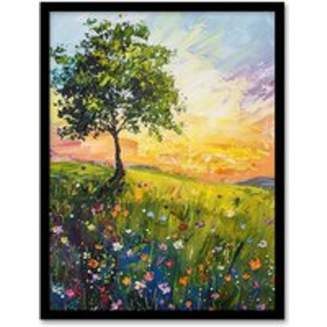Tree Wildflower Meadow at Sunrise Oil Painting Framed Art Print - Green - A4