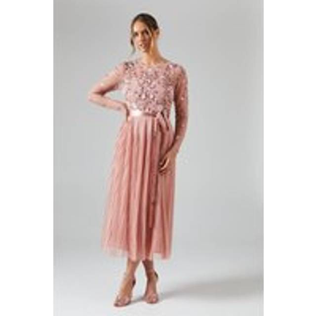 Embroidered Floral Pleated Midi Bridesmaid Dress - Pink - 12