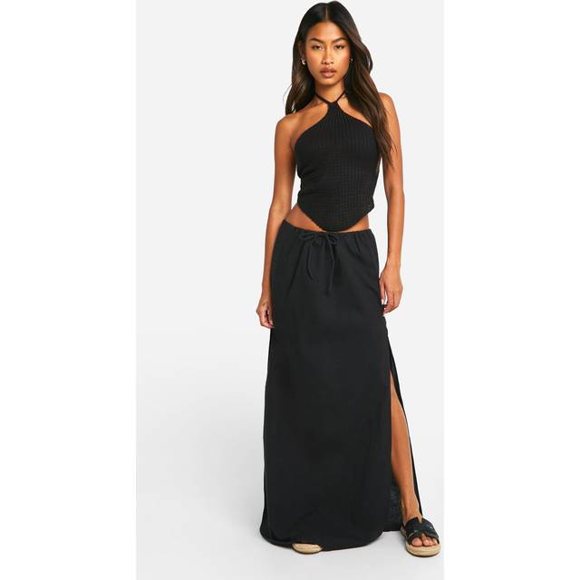 Womens Drawstring Waist Cotton Maxi Skirt - Black - 8, Black