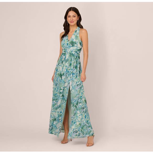 Adrianna Papell Tropical Print Chiffon Maxi Dress - Nude