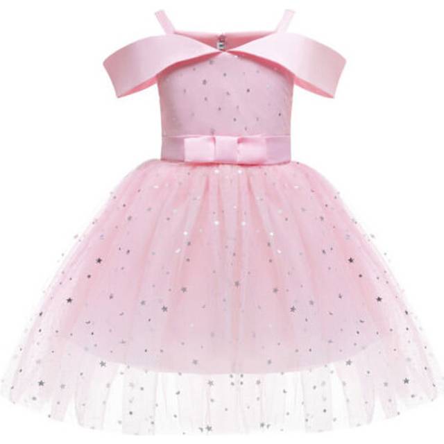 (6-7, Pink) Girls Kids Dresses Sequined Birthday Party Wedding Flower Bridesmaid Summer Gift