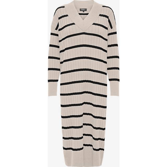 Only New Tessa Midi Dress midi long length knitted ribbed autumn winter comfy ribbed long sleeve slouchy comfortable cosy v neck - L, PUMSTNBL