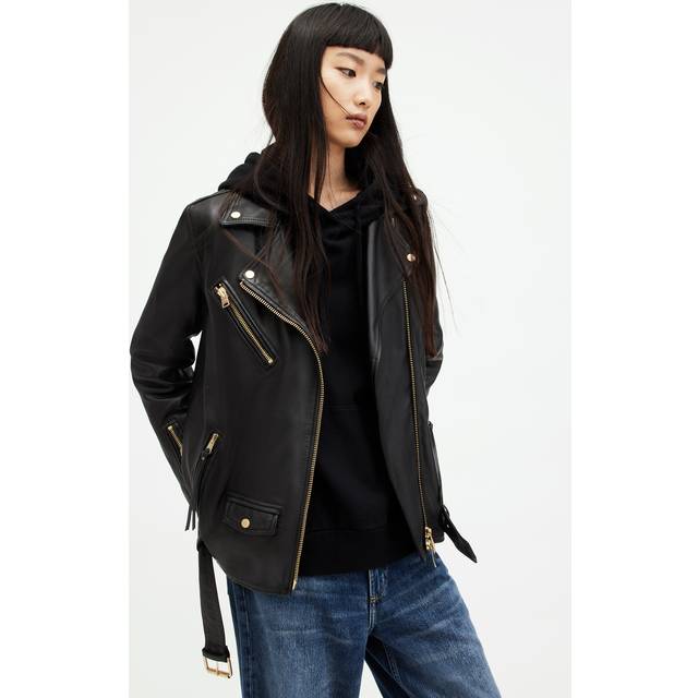 Allsaints Womens Black/gold Billie Oversized Leather Jacket M - BLACK/GOLD