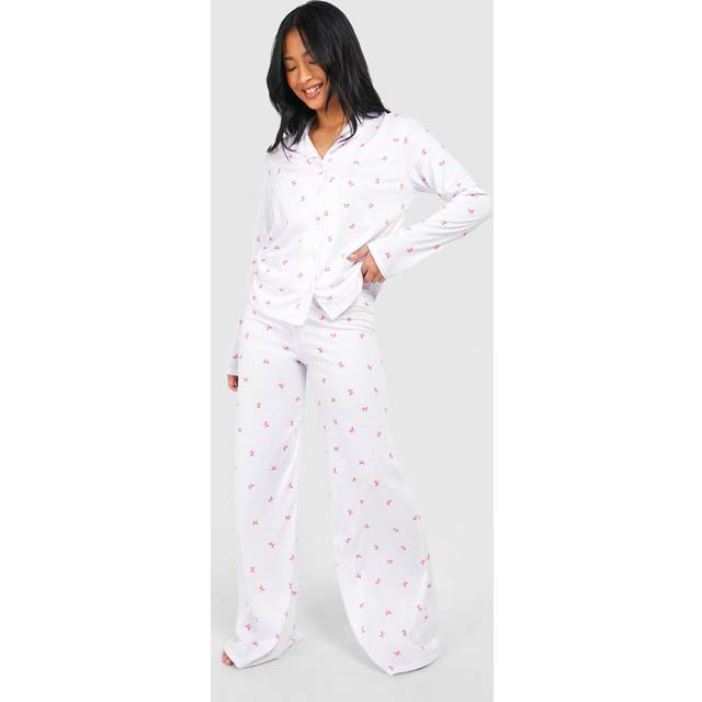 Womens Petite Bow Print Long Sleeve Shirt & Trousers Pyjama Set - White - 18