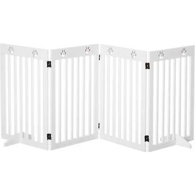 Pawhut pet gate foldable fence freestanding dog barrier w/ support feet white