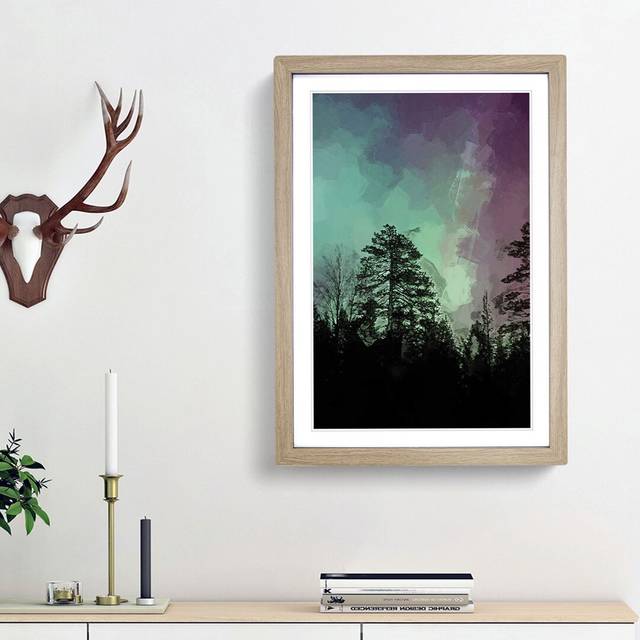 Northern Lights over the Forest in Abstract - Picture Frame Graphic Art Print - Oak Framed (87cm H x 62cm W x 2cm D)