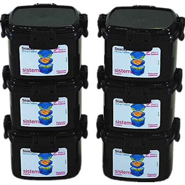 Sistema? Small Plastic Snack Fruit Breakfast Lunch Box Food Storage with Locking Clip Lid 400ml Black - BPA Free (6pcs)