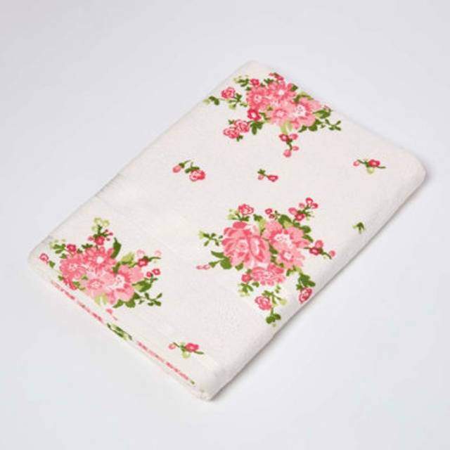 Homescapes Pink and Coral Floral Printed White Bath Sheet 100% Cotton - Natural