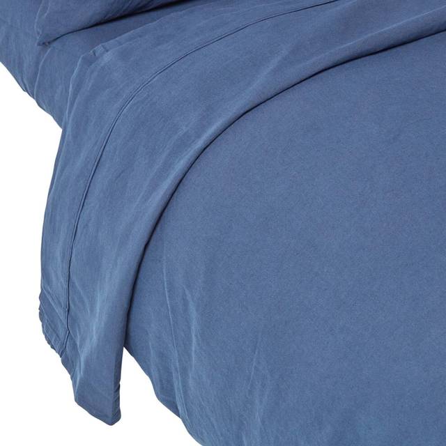 Homescapes French Flax Linen & Luxury Cotton King Flat Sheet, Navy Blue, OEKO-TEX Certified, Machine Washable, 180 GSM