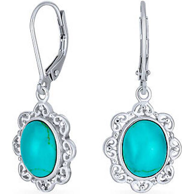 Stabilized Turquoise Filigree Border Leverback Oval Drop Earrings For Women 925 Sterling Silver