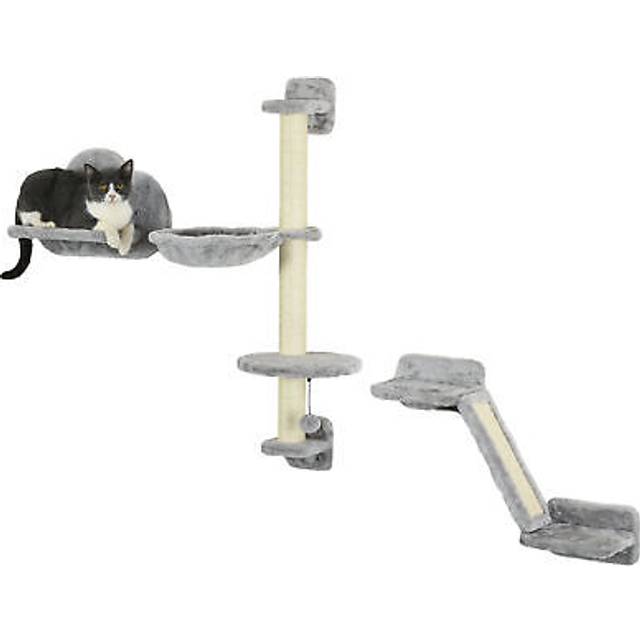 Pawhut cat wall furniture w/ hammock, platforms, ladder, scratching post - grey