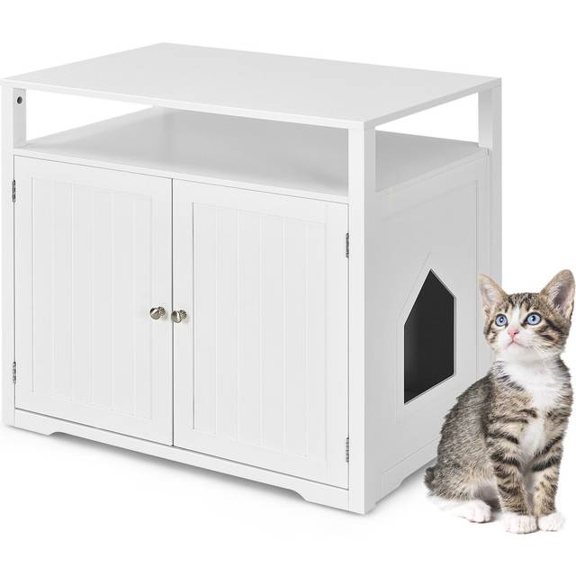 Cat Litter Box Enclosure Furniture Wooden Kitty Washroom Hidden Cat Washroom - White - One Size