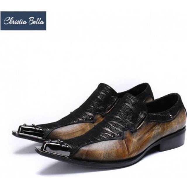 (Brown) Christia Bella Fashion Patchwork Men Business Shoes Genuine Leather Oxford Shoes Wedding Banquet Men Formal Dress Shoes Brown