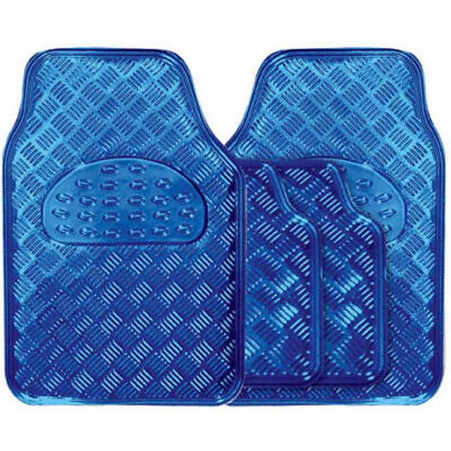 Metallic blue heavy duty checker plate rubber interior car floor mats set