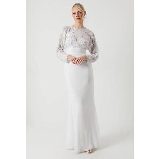 Long Sleeve Embellished Bodice Wedding Dress - Ivory - 10