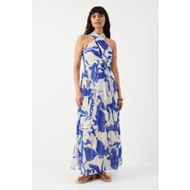 Warehouse Womens Chiffon Floral Halter Tier Maxi Dress - Blue - Size 12 UK