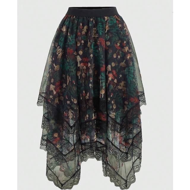 ROMWE Women&#39;s Gothic Mushroom Print Layered Asymmetrical Hem Tulle Heavy Industry Plus Size Skirt, Black