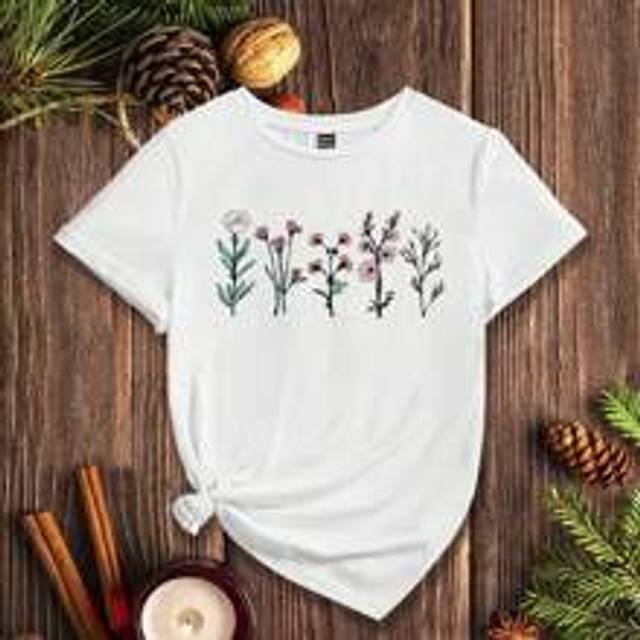 Avslappnad blommönster med lös passform med rund hals, kortärmad T-shirt för kvinnor, lämplig för sommartröja - Vitt (L,M,S,XL,XS,XXL,XXS)