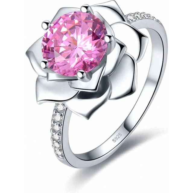SHEIN 1pc Created Pink Topaz Round Cubic Zirconia 925 Silver Flower Ring For Women, Suitable For Wedding, Engagement, And Daily Wear, Jewelry Gift Valentine