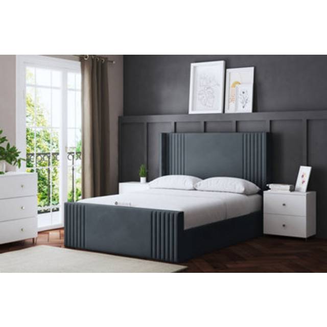 Elara Winged Cream Upholstered Bed With Ottoman Metal Gas Lift Small Double