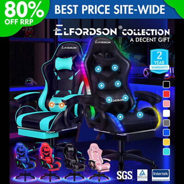 Elfordson gaming office chair massage racing 12 rgb led computer work seat