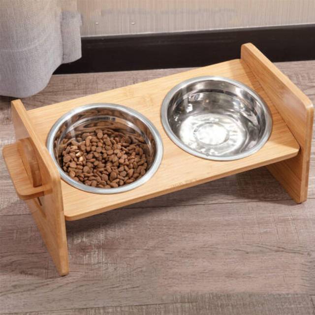 Cat dog food feeding stand station stainless double raised bowls wooden non-slip