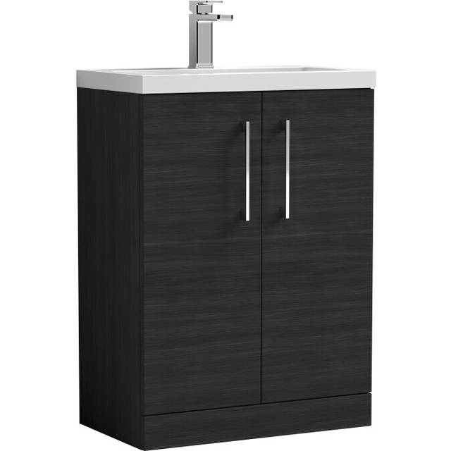 Compact floor standing 2 door vanity basin unit with polymarble basin - 600mm -