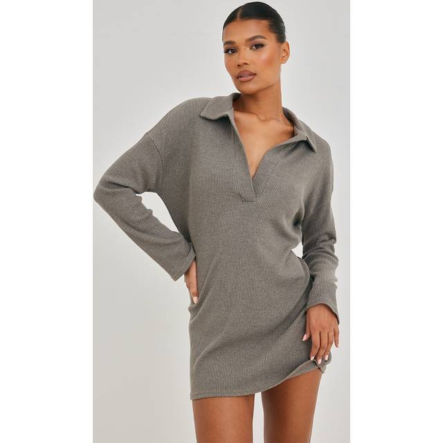 Sage Khaki Rib V Neck Oversized Jumper Dress, Sage Khaki - 4