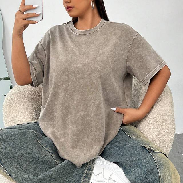 SHEIN Plus Size Acid Washed Look Vintage Knitted Distressed Loose Fit Short Sleeve T-Shirt