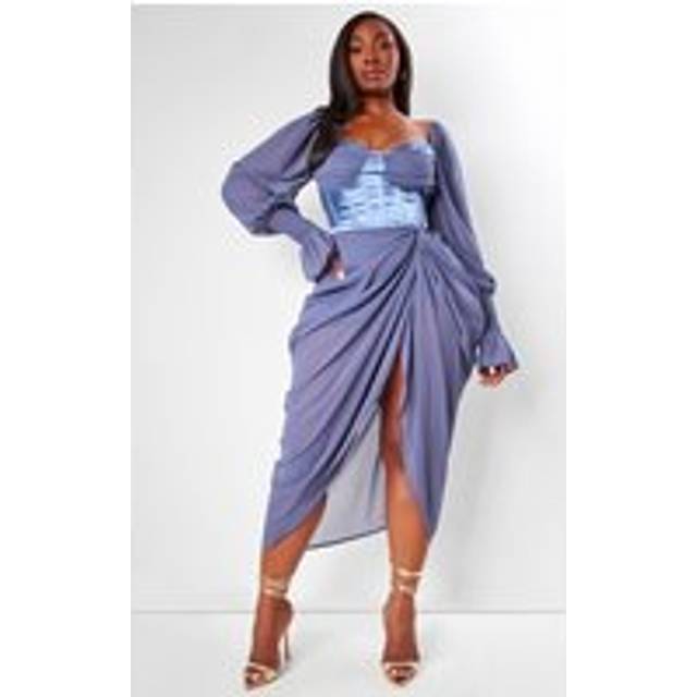 Plus Mineral Blue Satin Insert Draped Chiffon Midi Dress, Mineral Blue - 24