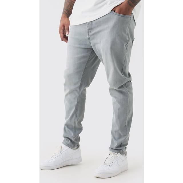 Mens Mid Grey Plus Super Skinny Ripped Stretch Jeans