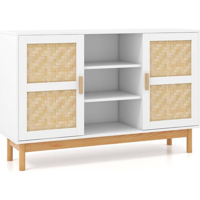 Costway 120 CM Sideboard Buffet Cabinet with 2 Bamboo Woven Doors and 3 Open Shelves-White, White
