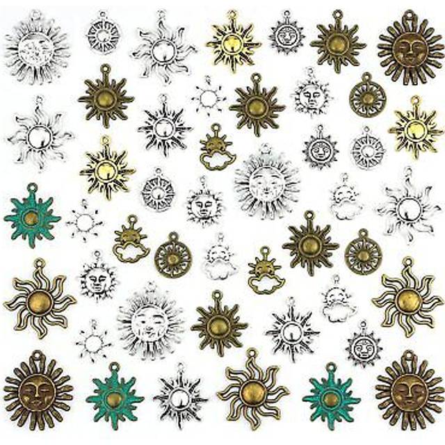 JIALEEY Celestial Sun Charms 42pcs Mixed Antique Gold Silver Bronze Colors Sun Smile Pendants DIY for Necklace Bracelet Jewelry Making