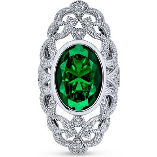 CZ Silver Plated Brass Art Deco Green Emerald Armor Ring Cocktail Ring Size 14 [Bling Jewelry] green
