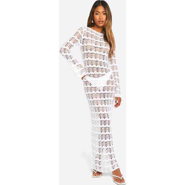 Womens Pointelle Lace Up Back Detail Knitted Maxi Dress - White - S, White