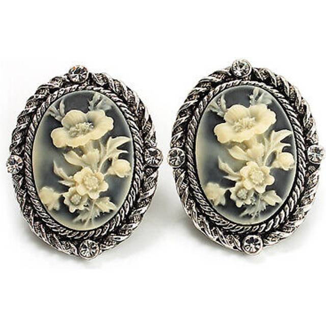 Antique silver floral cameo clip-on earrings - 35mm length