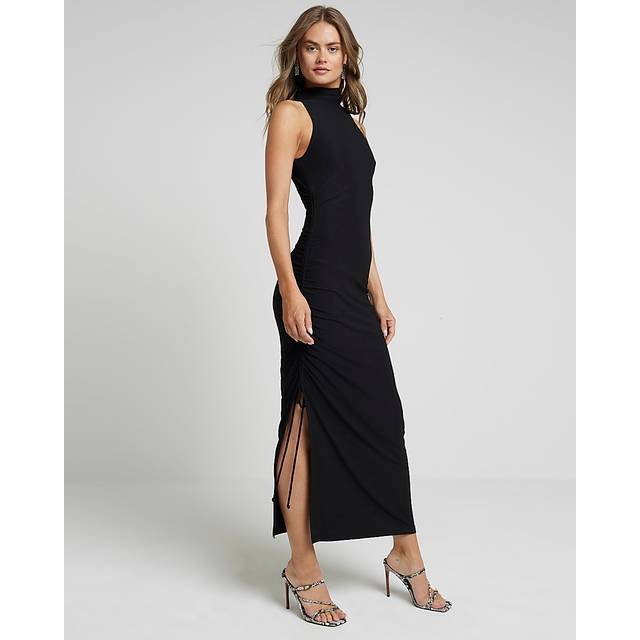 River Island Womens Black Ruched High Neck Bodycon Midi Dress - 18