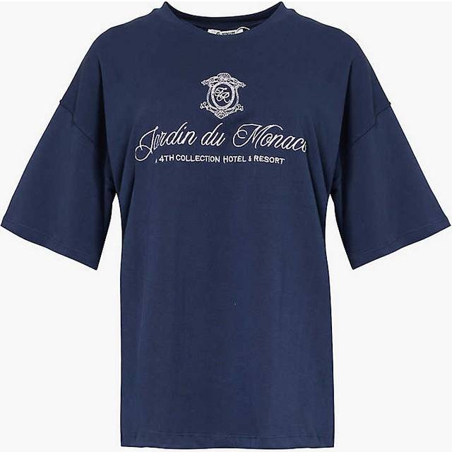 4th & Reckless Womens Vy Maison Text-embroidered Cotton-jersey T-shirt M - NAVY