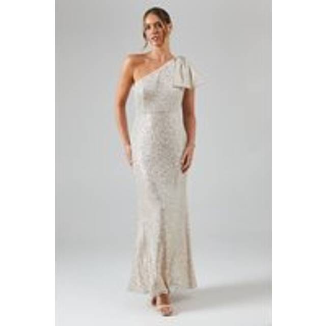 Sequin Bow One Shoulder Bridesmaid Maxi Dress - Champagne - 12