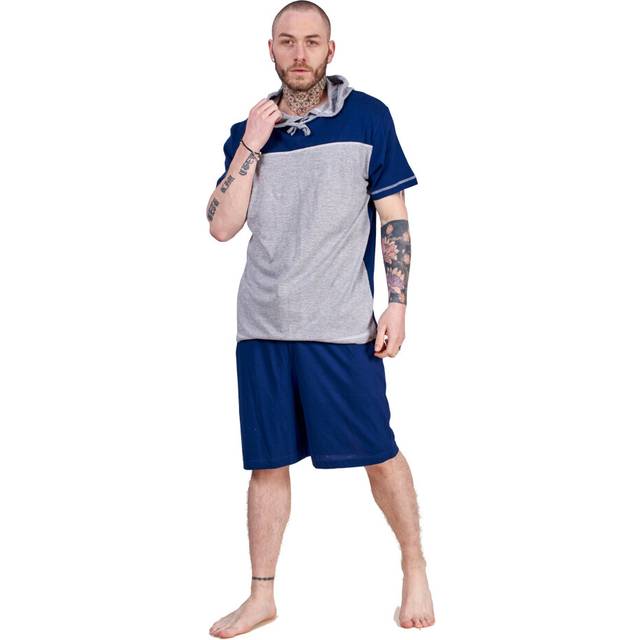 (Navy/Grey, L) Mens Short Pyjama Set 100% Cotton Soft Jersey Hooded Top Loungewear Set
