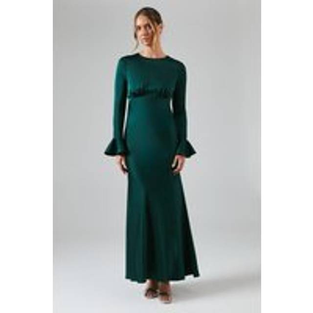 Coast womens maxi dress emerald satin long sleeve crew neck wedding elegant