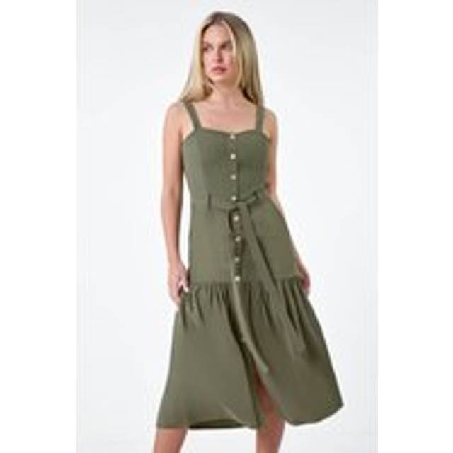 Roman Petite Womens Button Front Tiered Midi Dress - Green - Size 14 UK