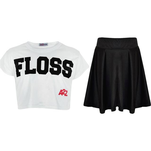(11-12 Years) Kids Girls Floss Fashion Crop Top Stylish White Top & Skater Skirt Set 5-13 Year
