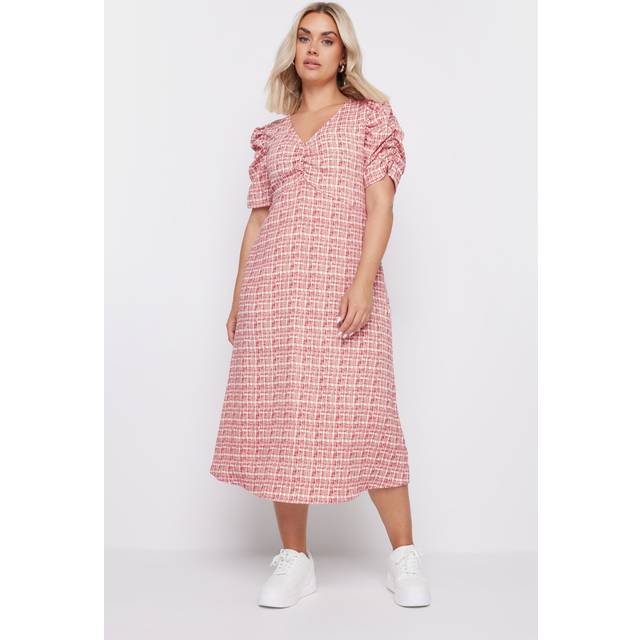 Yours Curve Pink Check Textured Milkmaid Dress, Women's Curve & Plus Size, Yours - 16