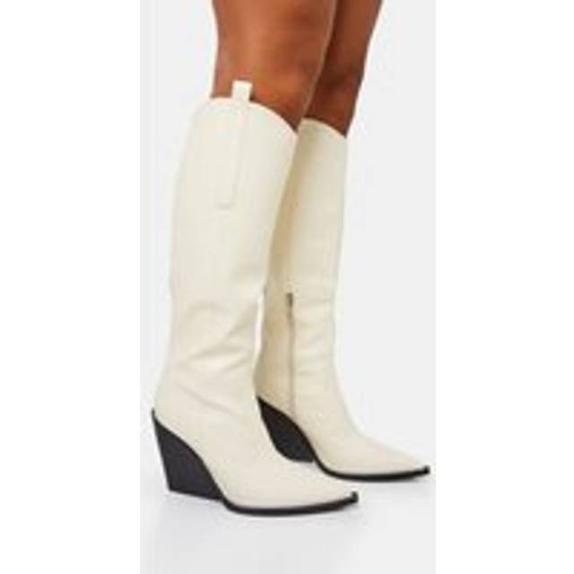 Nevada Ecru Western Cowboy Pointed Toe Block Heel Knee High Boots - neutral
