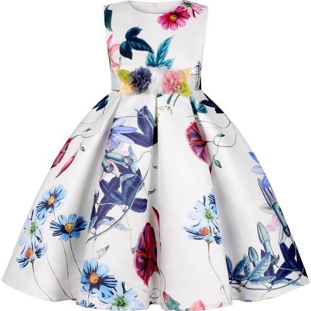 (White, 5-6Years) Kids Girls Retro flower princess Print dress Party