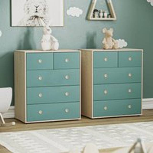 Junior Vida Neptune 5 Drawer Chest Set of 2 Chest of Drawers Kids Storage Bedroom Furniture - Blue - One Size